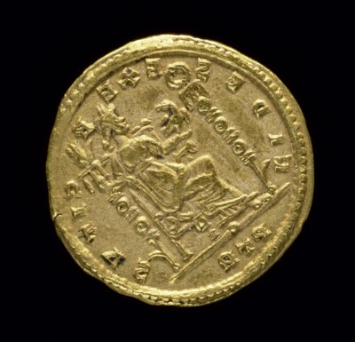 Gold Solidus (Reverse) of Constantine I the Great depicting Fides seated left on Throne. Inscription: FIDES EXERCITVS. Minted at Trier by Roman